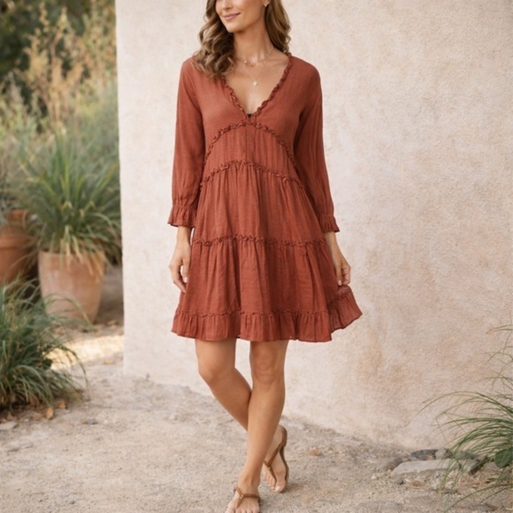 Hudson‎ Gray Tiered Peasant Dress Women's L Rust Boho Cottagecore Festival NWT